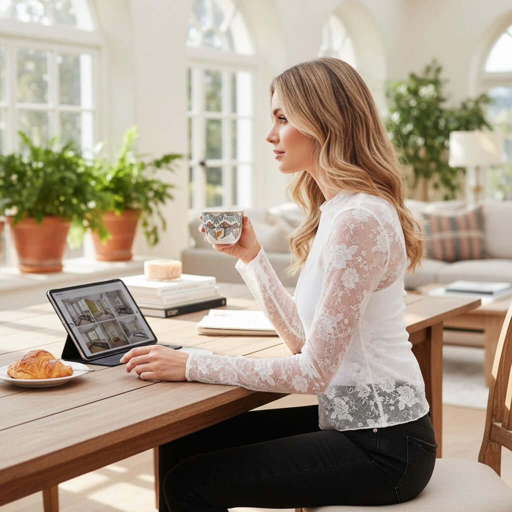 FLORAL FROST MESH TOP worn by a woman, enjoying coffee while using a tablet in a bright, cozy indoor setting.