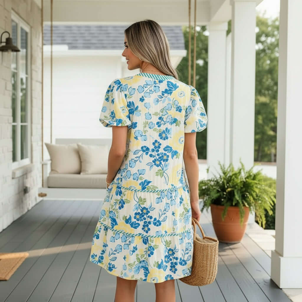 Back view of a woman wearing the SWEETWATER BREEZE DRESS with floral print and puff sleeves.