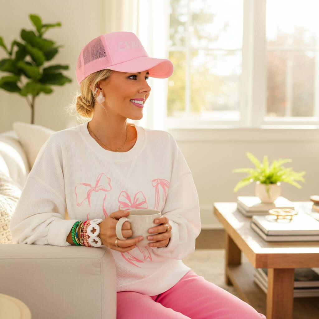Woman in Softly Tied Crewneck sipping coffee in stylish pink outfit, cozy home setting with natural light.
