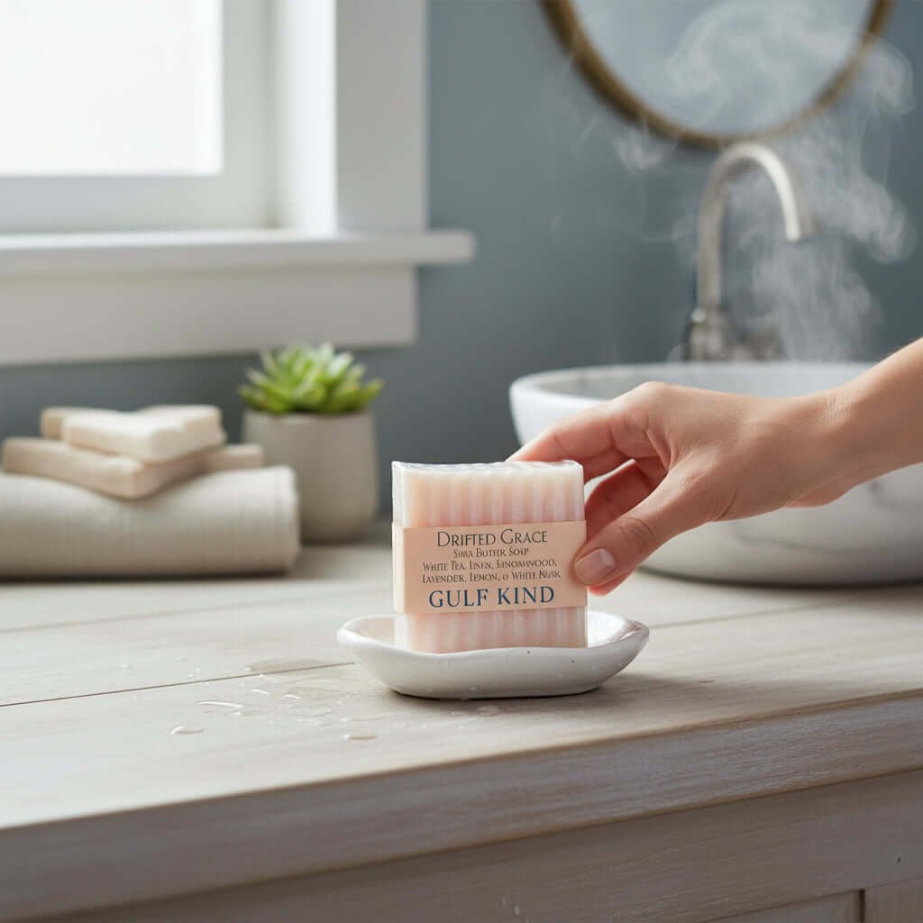 Drifted Grace Shea Butter Soap by Gulf Kind on a dish with a hand reaching for it in a serene bathroom setting.