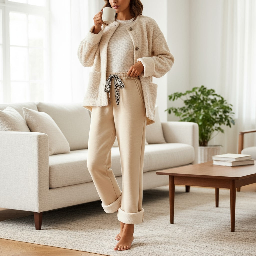 A woman wearing Comfort Culture Pants (cream) with leopard drawstring, cozy and stylish in a home setting.