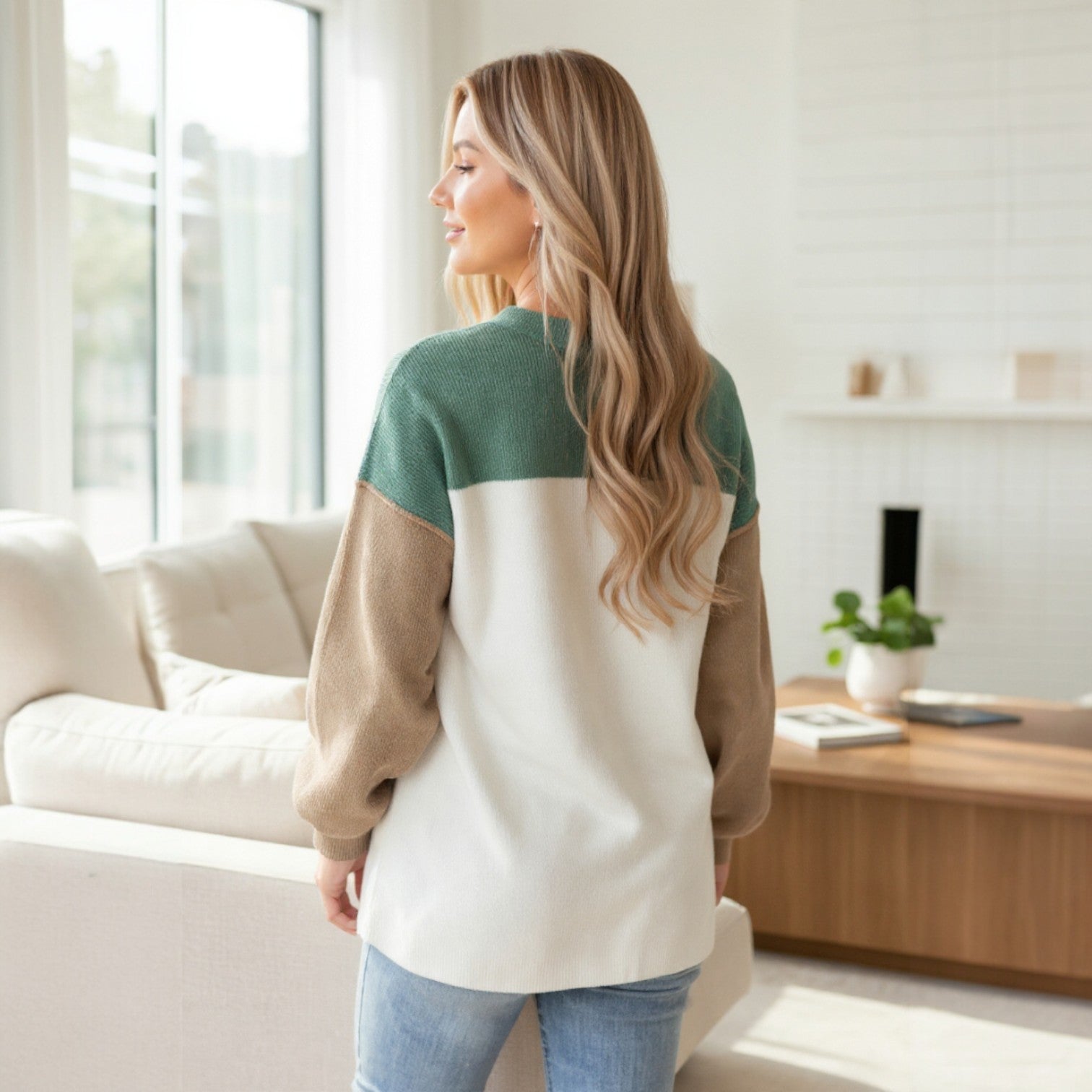 MOUNTAIN AIR SWEATER featuring a stylish color block design in marina blue, khaki, and cream.