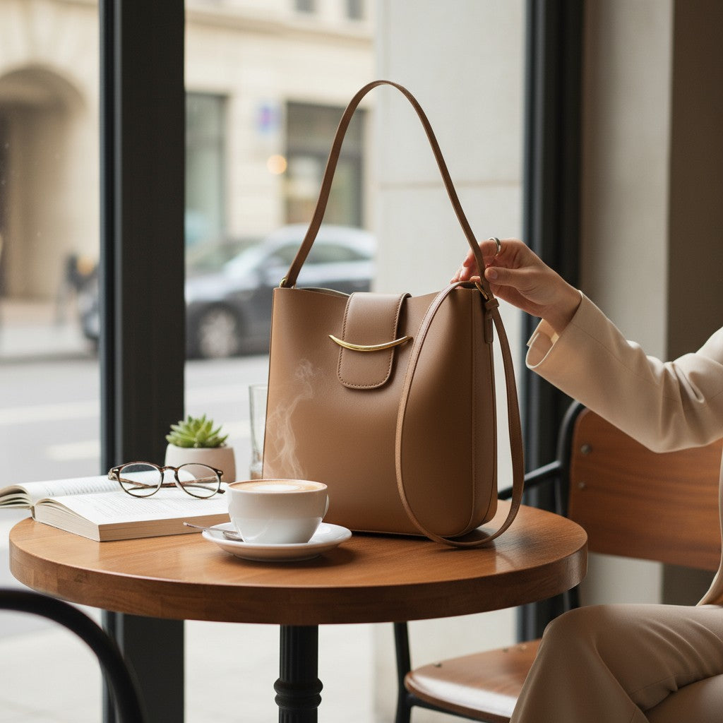 POLISHED PATH HANDBAG (cinnamon) showcased on a café table with coffee and glasses, embodying elegance.