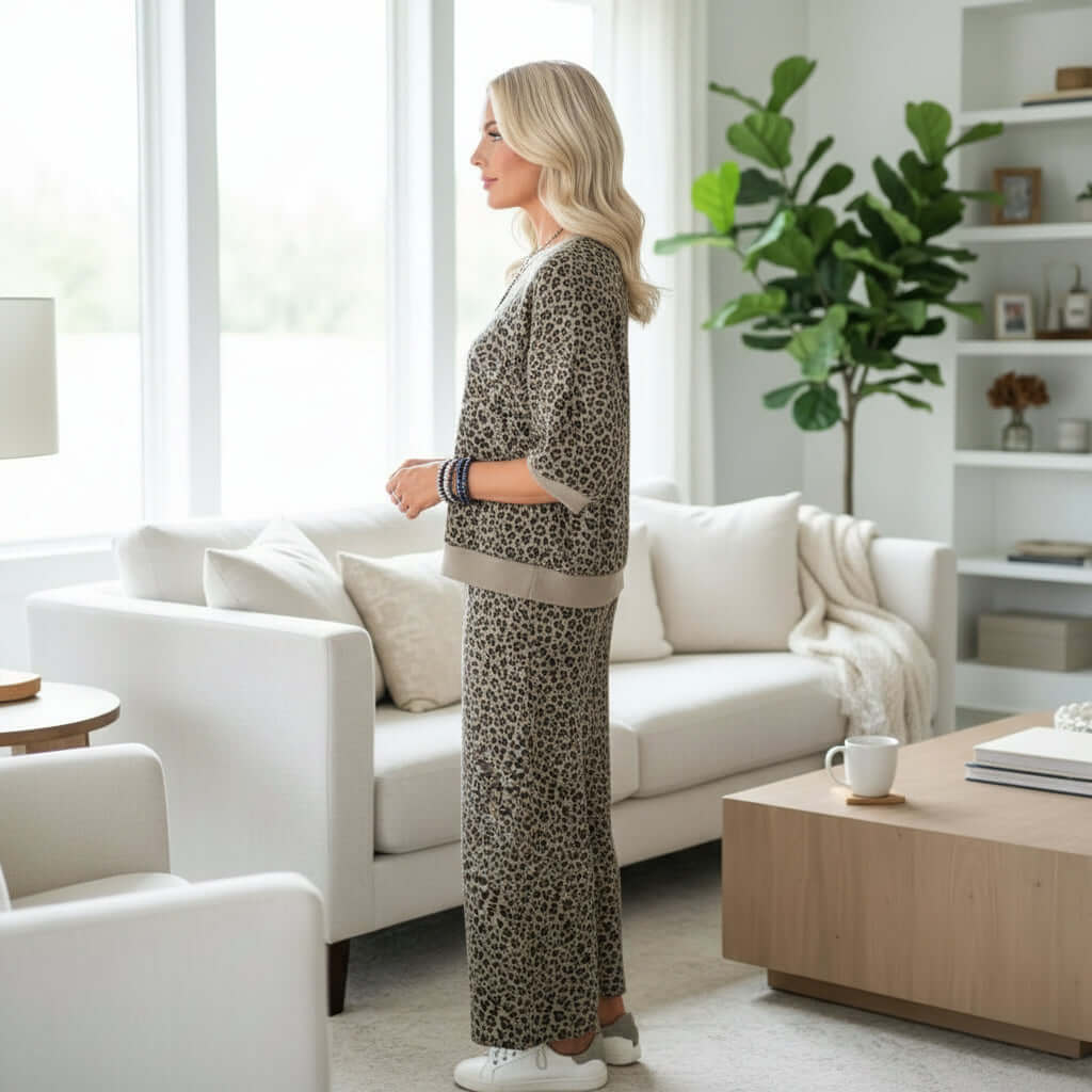 GROUNDED GRACE 2 pc Lounge Set displayed on a model indoors, featuring a khaki jacquard leopard pattern for stylish comfort.