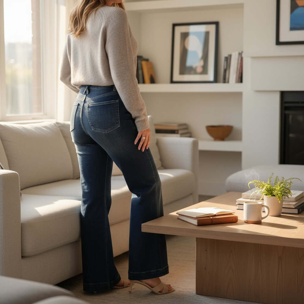 Model wearing JUDY BLUE RAINA JEANS high rise dark wash retro wide leg style in a cozy living room.