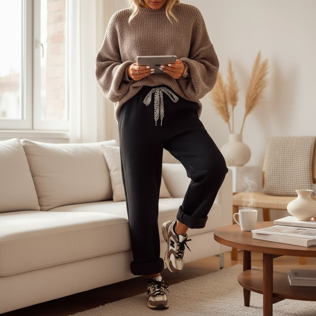 Woman wearing COMFORT CULTURE PANTS (BLACK) and cozy sweater, holding a tablet in a stylish living room.