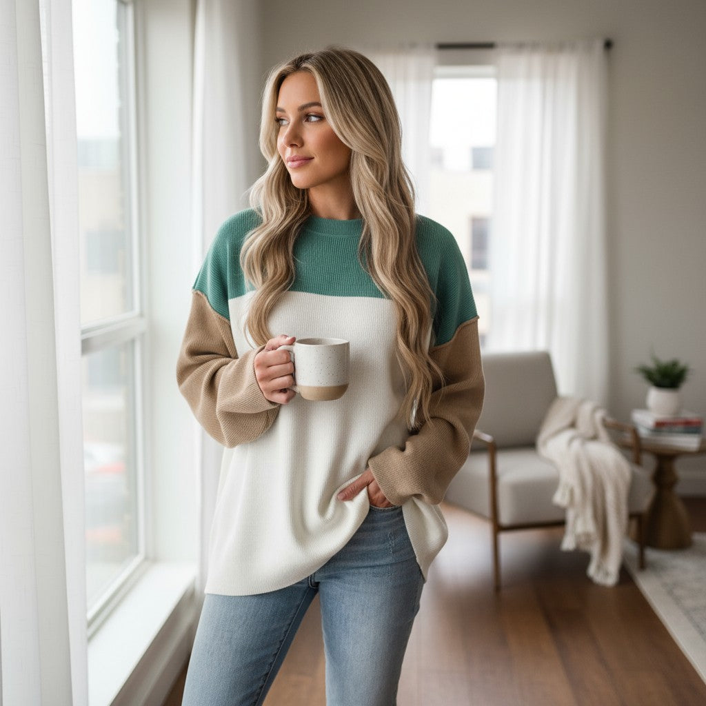 Woman in a cozy MOUNTAIN AIR SWEATER holding a mug, styled in soft modern colors by a bright window.