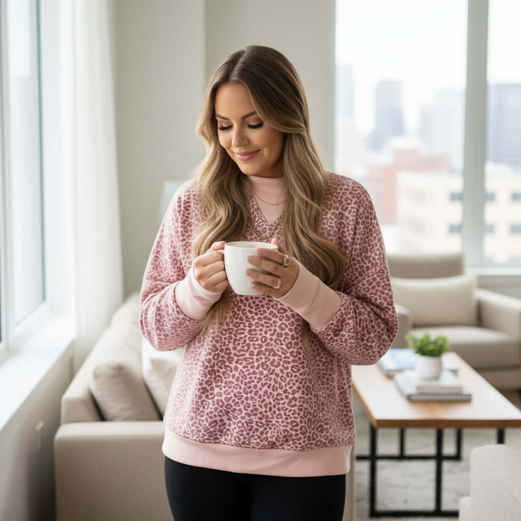 Model wearing the LAZY DAY LEOPARD CREWNECK, a pink leopard print sweatshirt, holding a coffee cup in a cozy living room.