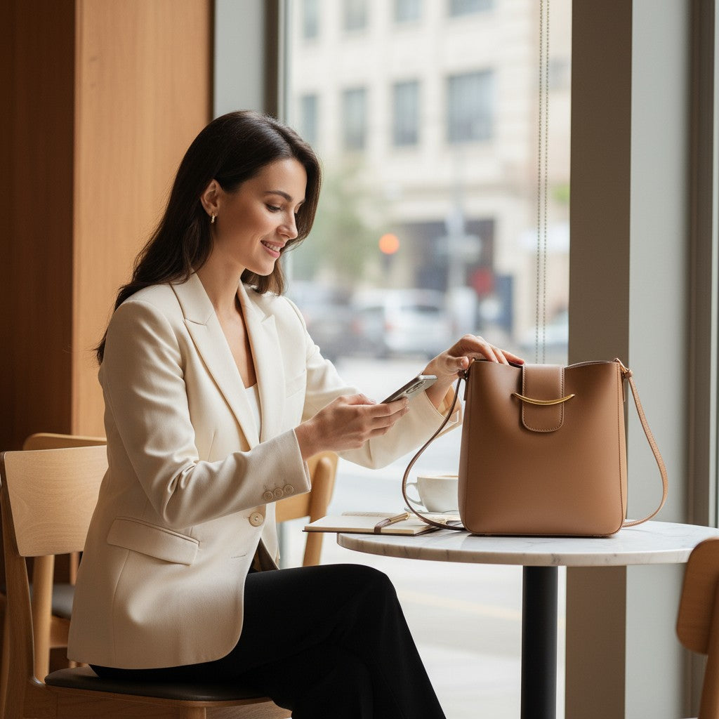 Woman enjoying coffee with POLISHED PATH HANDBAG (cinnamon) in vegan leather at a stylish cafe.