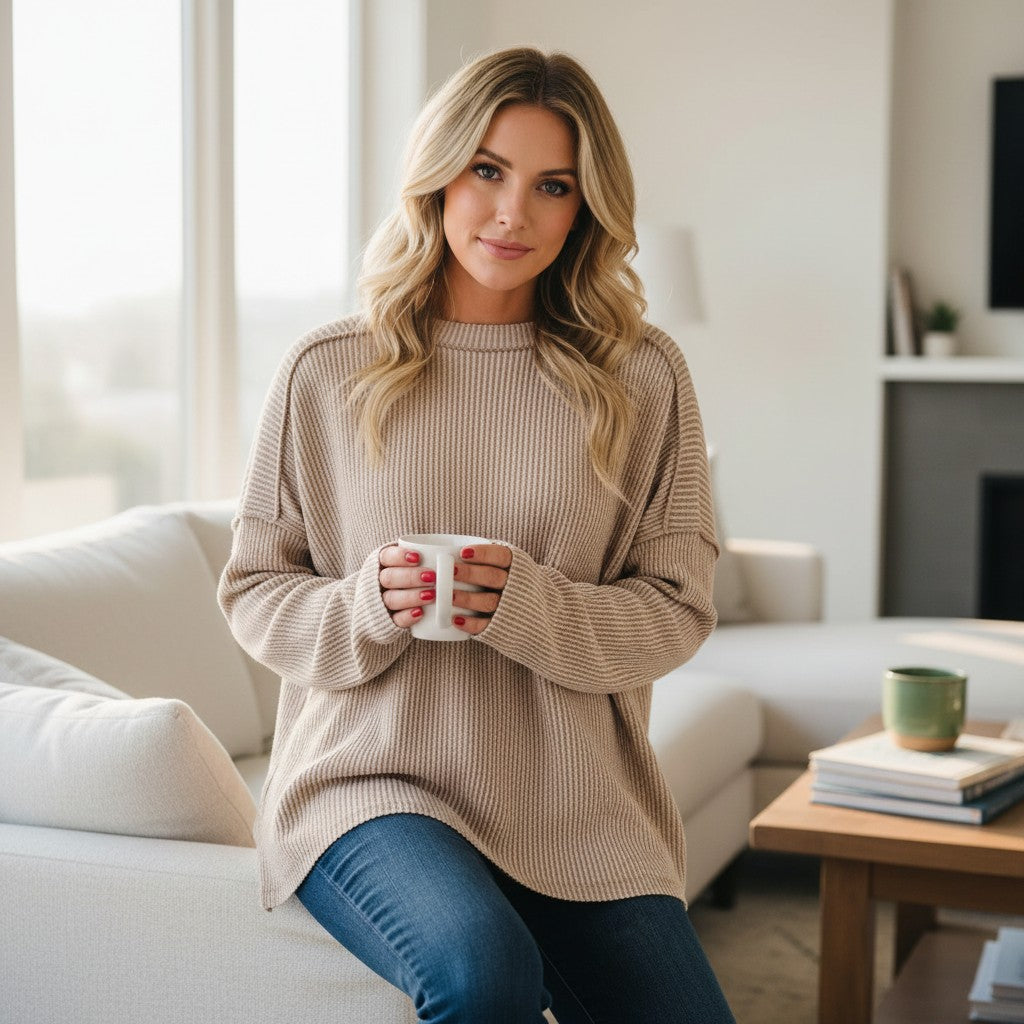 MAIN STREET MOMENTS Top (mocha latte) worn by a woman holding a mug in a cozy living room setting.