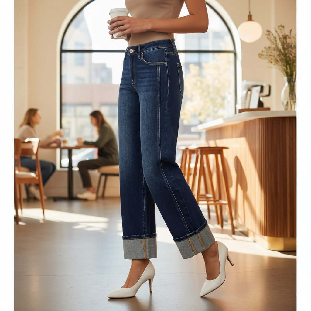 Model showcasing CHARLEIGH JEANS by Risen, a pair of dark wash cuffed wide-leg jeans, perfect for casual and polished looks.