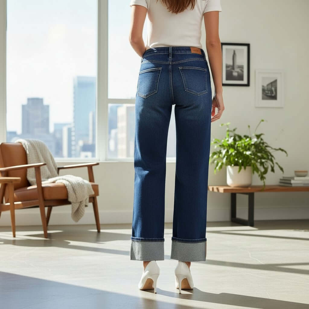 Back view of a model wearing CHARLEIGH JEANS by Risen, showcasing wide-leg cuffed design in dark wash.