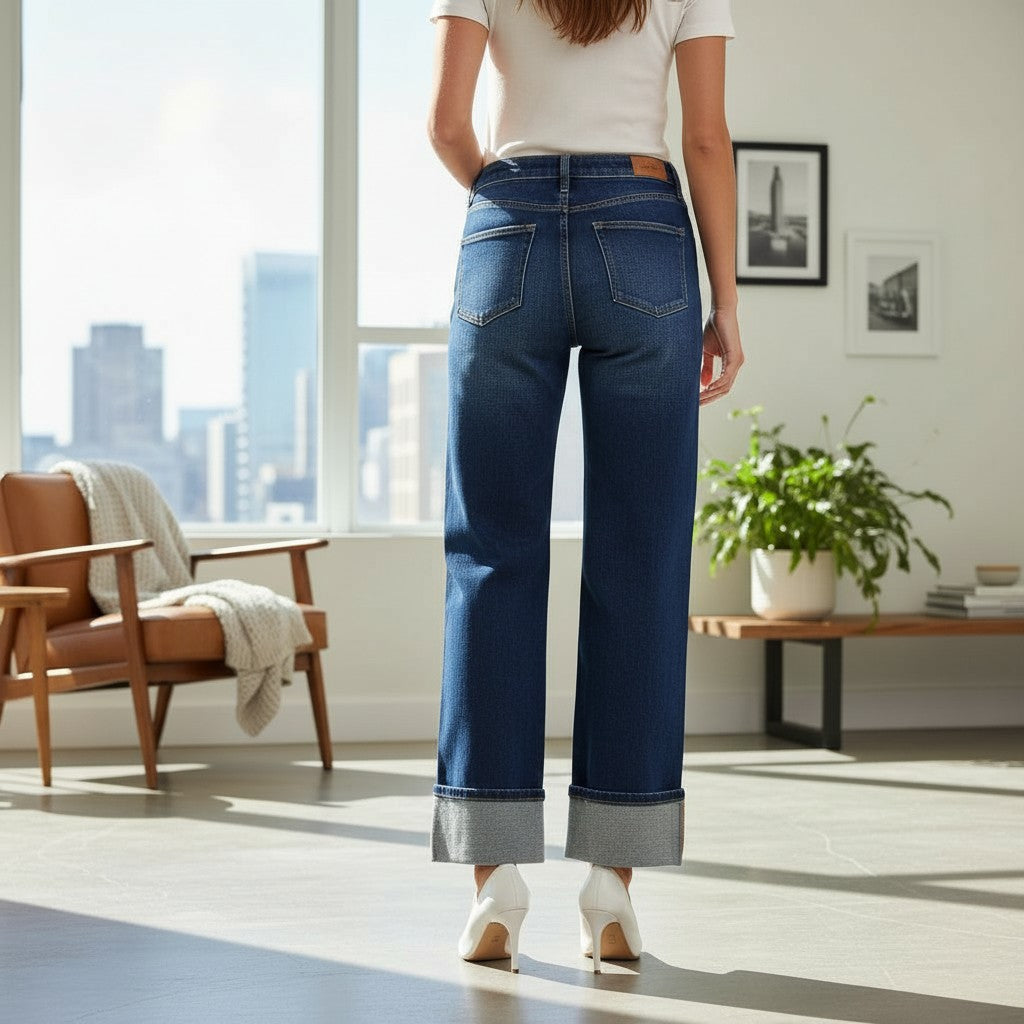 Back view of a model wearing CHARLEIGH JEANS by Risen, showcasing dark wash cuffed wide-leg style.