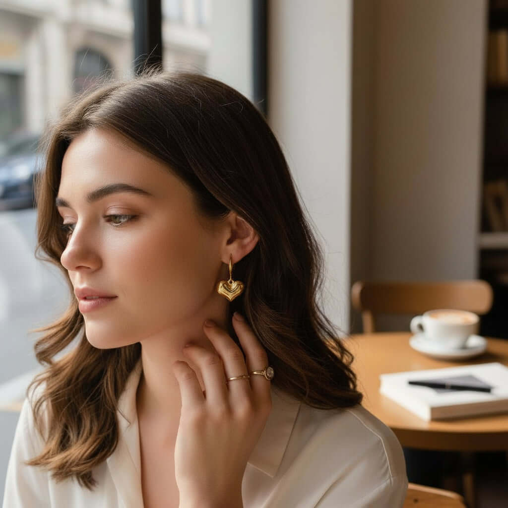 Model showcasing the FOREVER YOURS EARRINGS, heart-shaped gold earrings in a chic café setting.