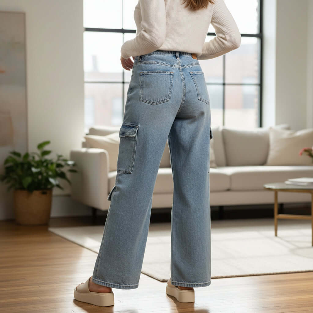 Back view of a woman wearing RIBBON ROUTE JEANS - BiBi, showcasing the relaxed fit and cargo pockets in washed denim.