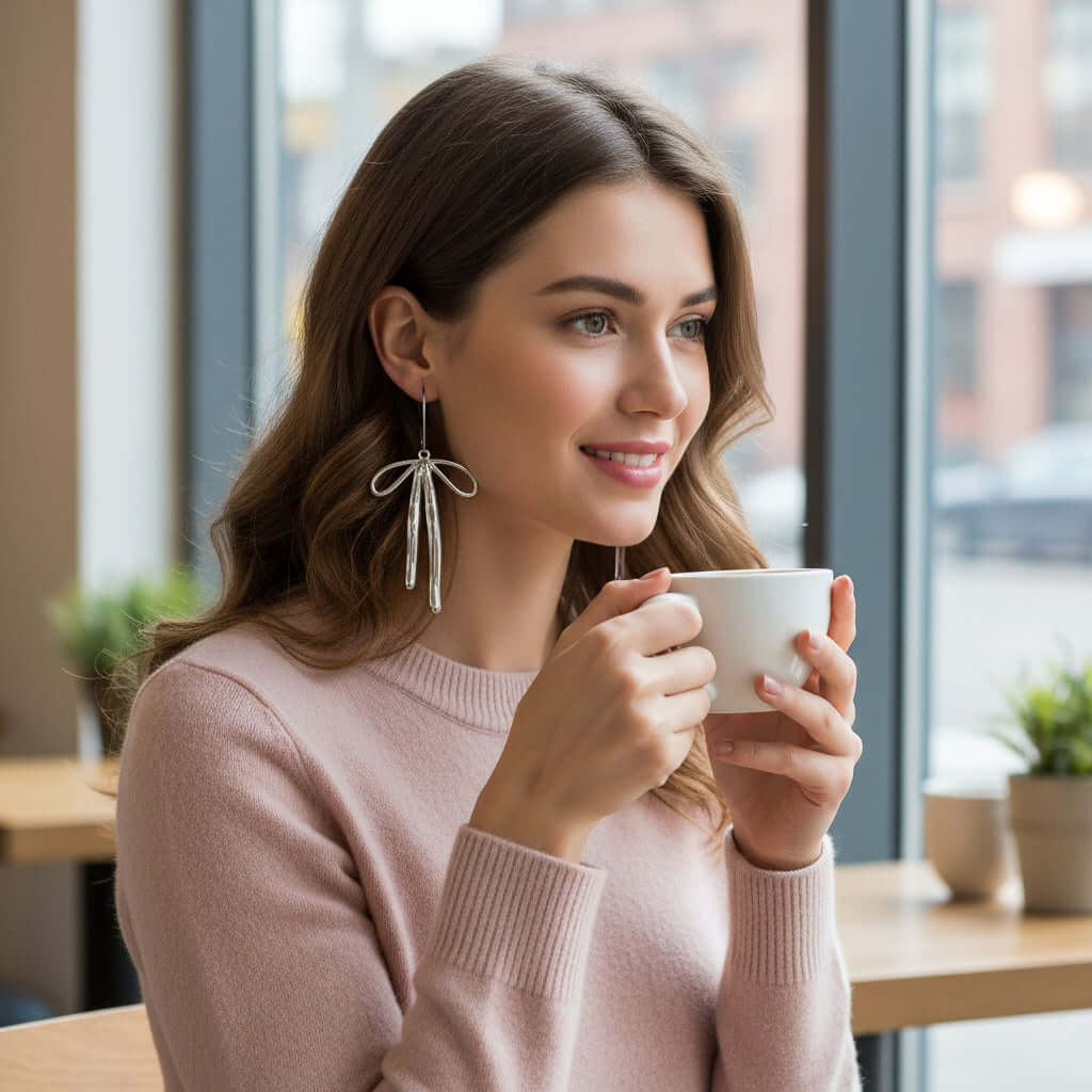 Model wearing REFINED RIBBON EARRINGS while holding a coffee cup in a cozy café setting.