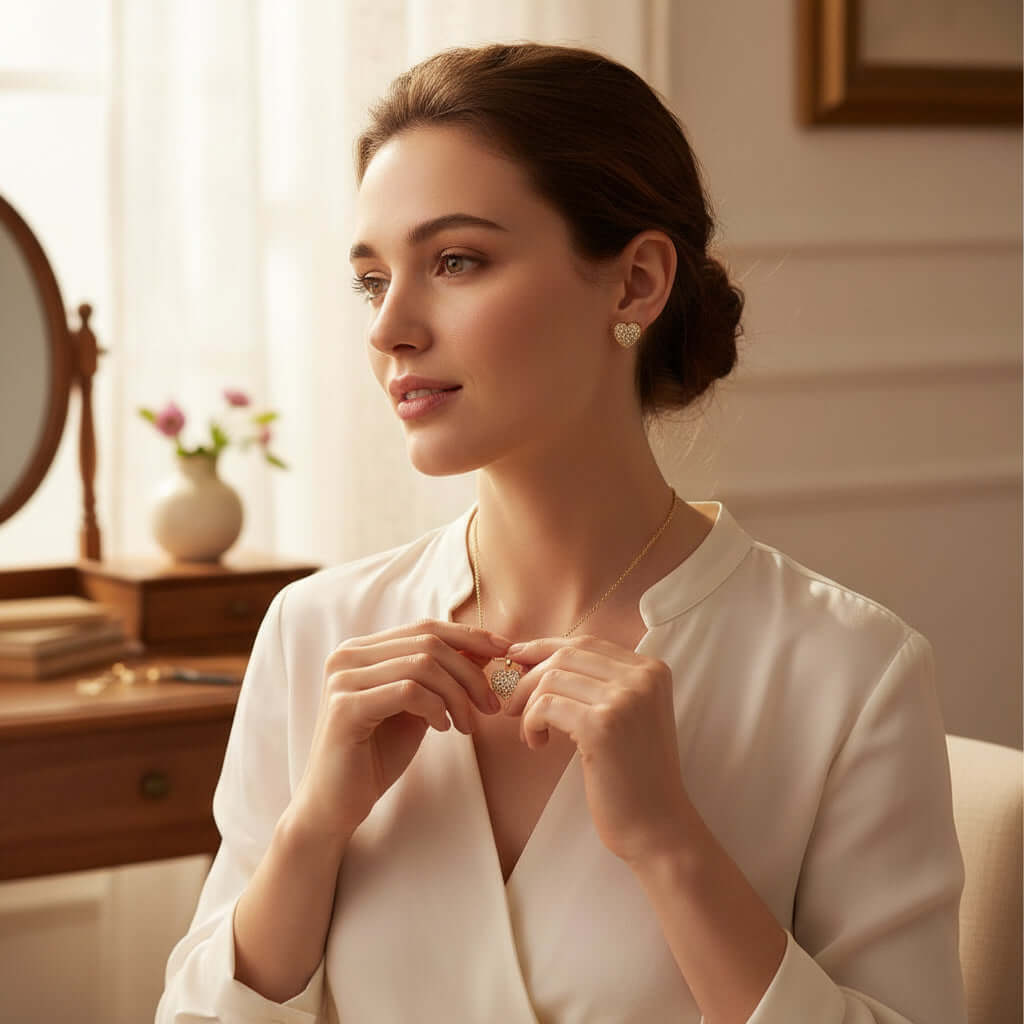 Model wearing LOVE STORY Earrings and Necklace Set (gold), showcasing heart-shaped jewelry in a stylish outfit.