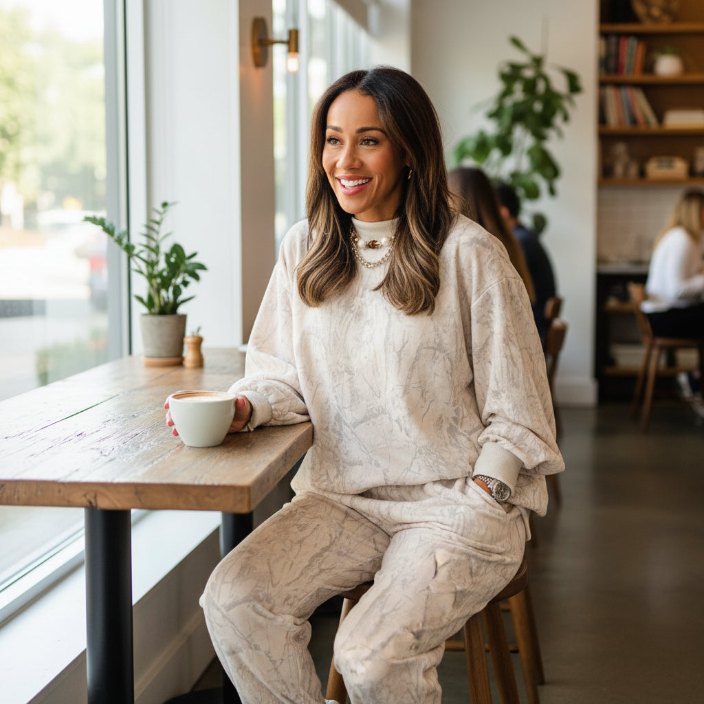 A woman wearing the SOFT TERRAIN 2 pc Lounge Set, enjoying coffee at a cafe with a modern interior.