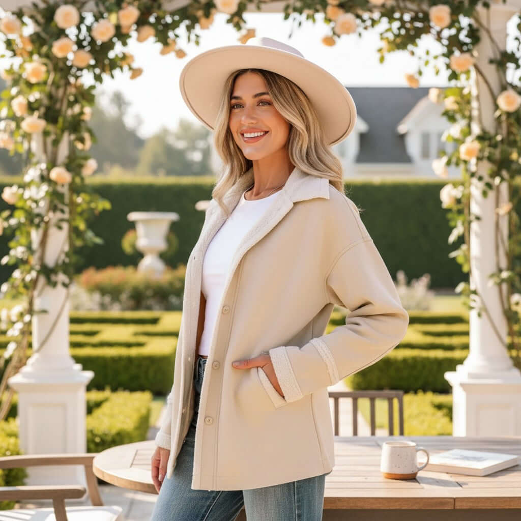 Model wearing a CAFE CREAM SUEDE JACKET in a garden setting with a wide-brim hat, showcasing a relaxed and stylish look.