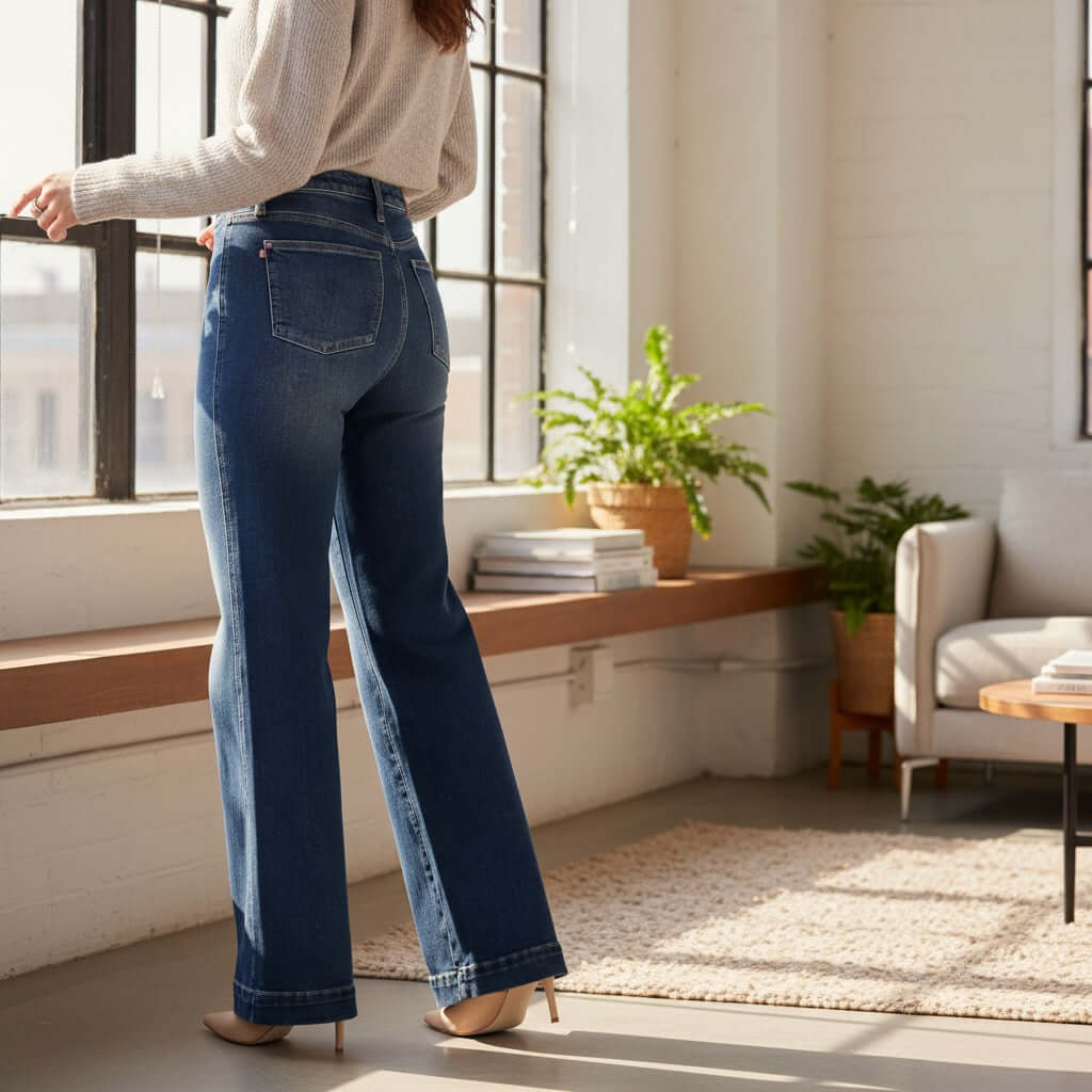 Woman wearing JUDY BLUE RAINA JEANS in a stylish room showcasing the retro wide-leg fit and dark wash.