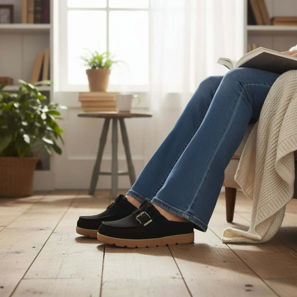 LAIDBACK LUXE SLIDES (black) worn at home, showcasing chic comfort and effortless style.