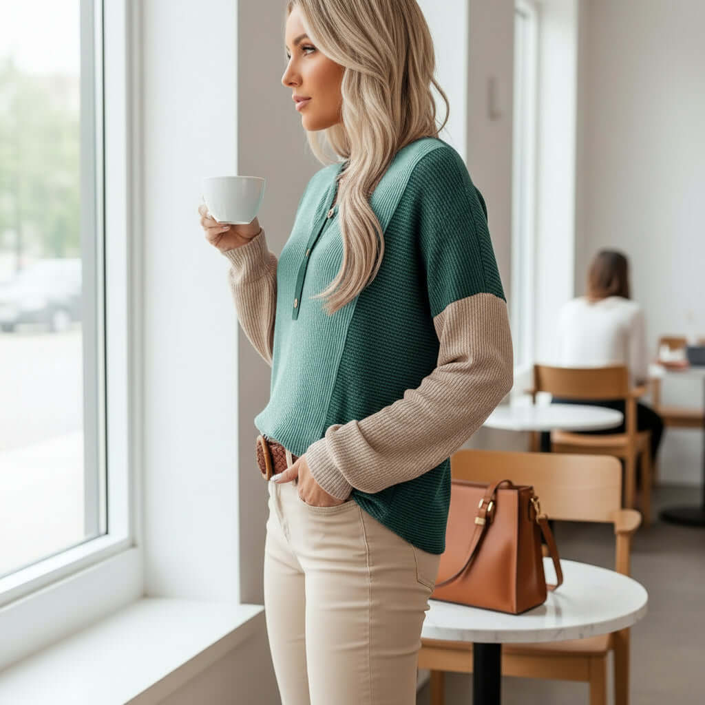 Woman wearing EVERYDAY BALANCE TOP in jade colorblock while holding a cup in a cozy café setting.