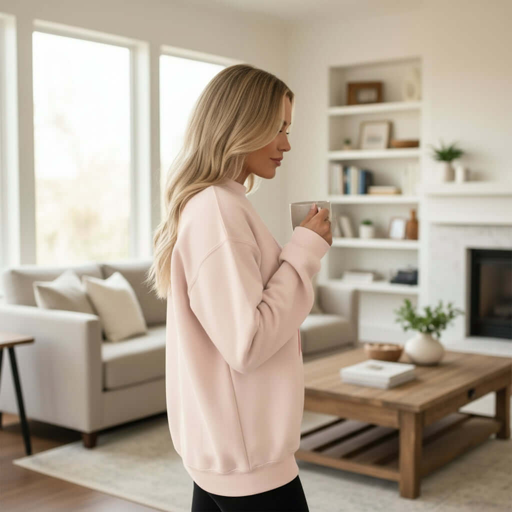Woman wearing a LOVE LIKE JESUS PULLOVER, holding a cup, in a cozy living room setting.