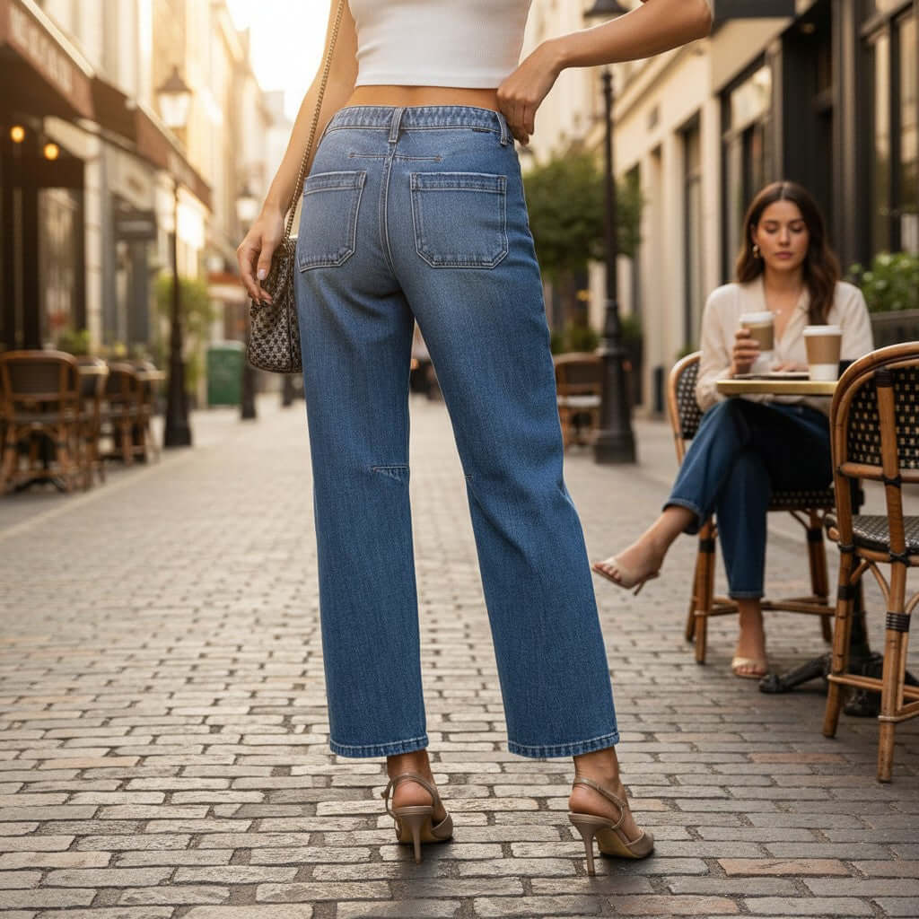Woman wearing ELLA-KATE BARREL JEANS by Risen, showcasing mid-rise wide barrel leg and patch pockets in a stylish outdoor setting.