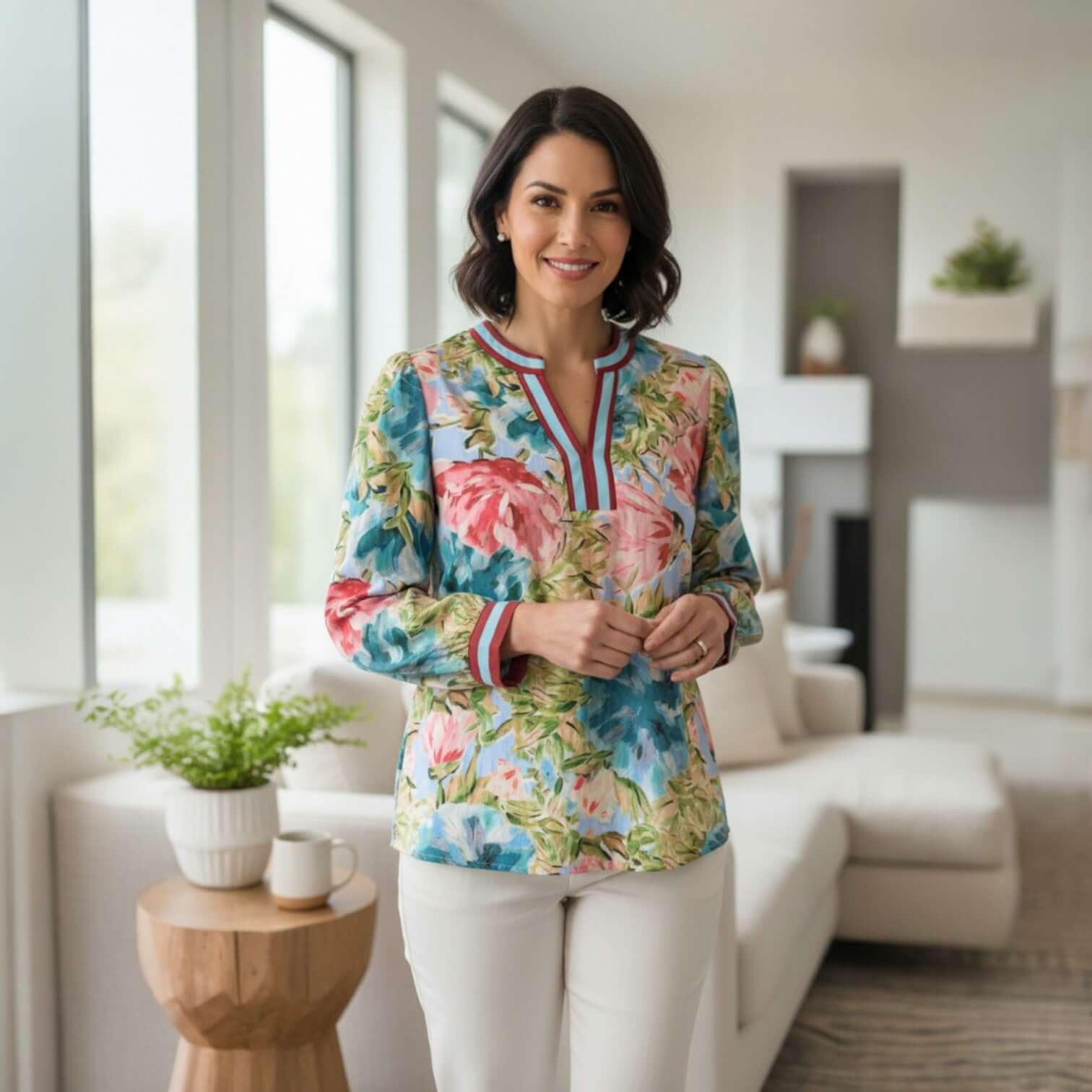 A model wearing a colorful TEMPLATE TOP (long sleeve) blouse paired with white pants, showcasing a stylish daytime look.