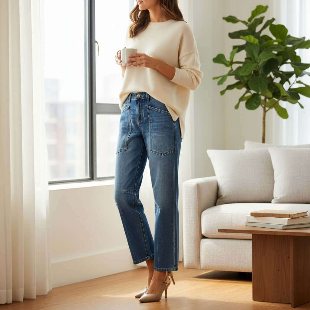 Woman wearing ELLA-KATE BARREL JEANS by Risen, paired with a cream sweater and heels, standing in a bright living room.