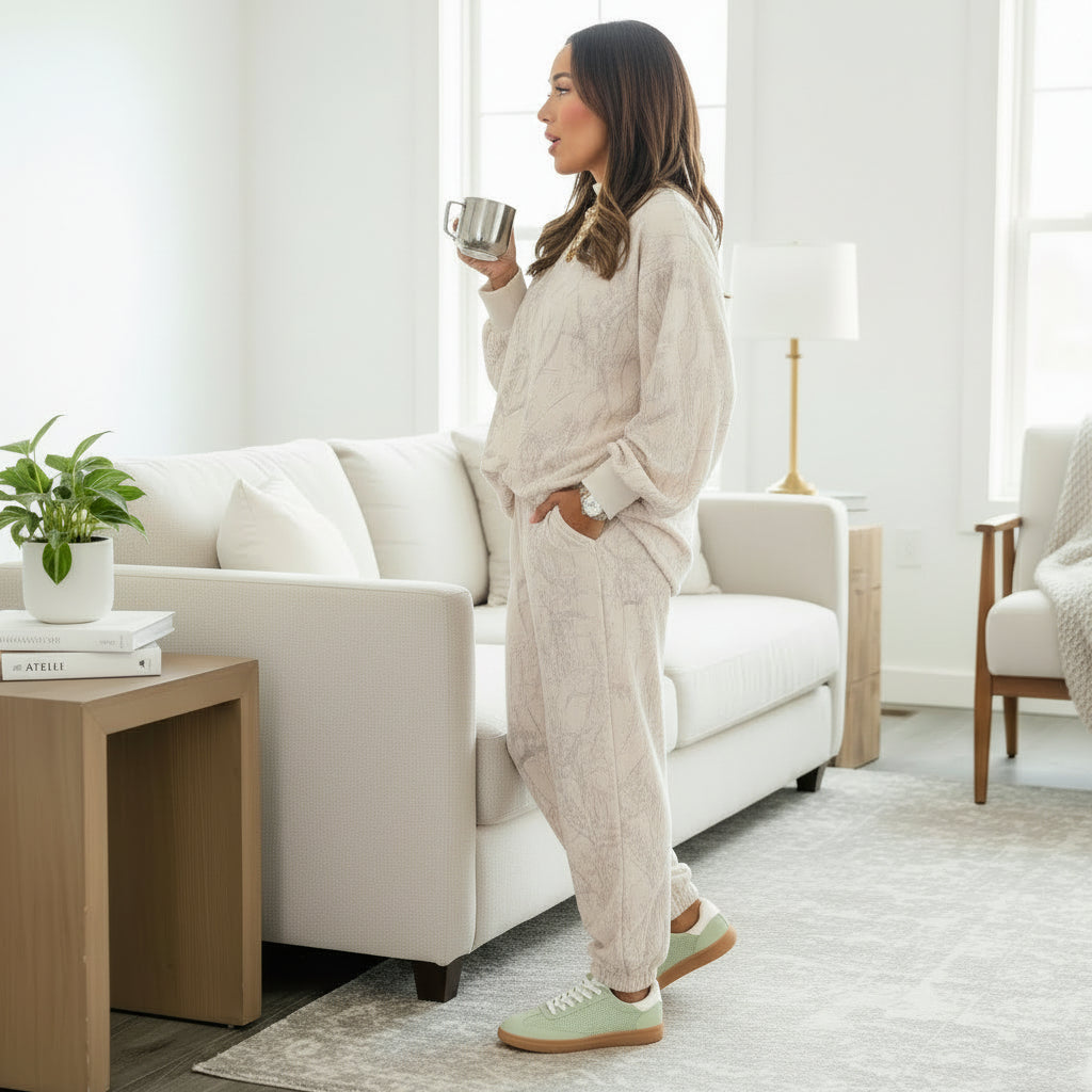 Woman enjoying coffee in SOFT TERRAIN 2 pc Lounge Set with soft gray and cream camo print, relaxed style in a cozy living room.