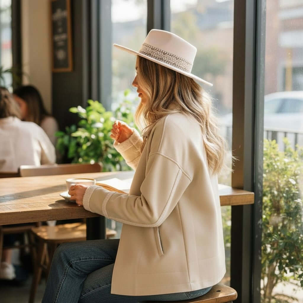 Woman wearing a CAFE CREAM SUEDE JACKET and hat, enjoying coffee in a cafe, bathed in natural light.