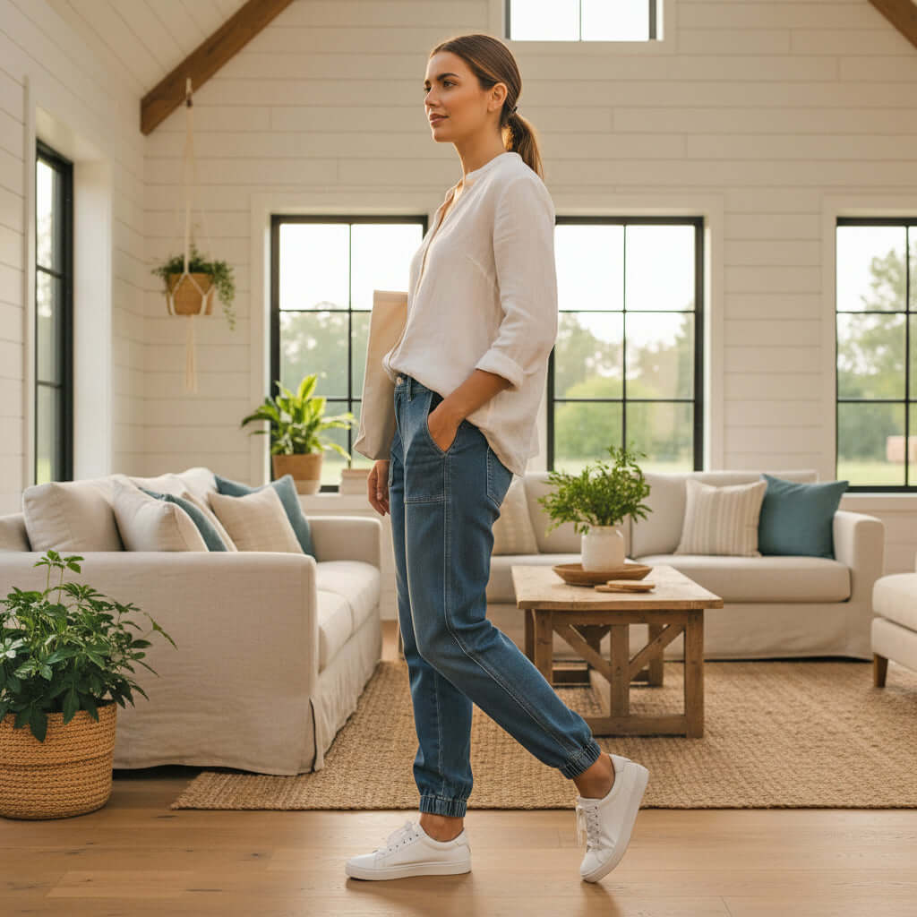 Woman wearing YARA JOGGERS by Risen Denim, styled in a cozy living room setting with modern decor.