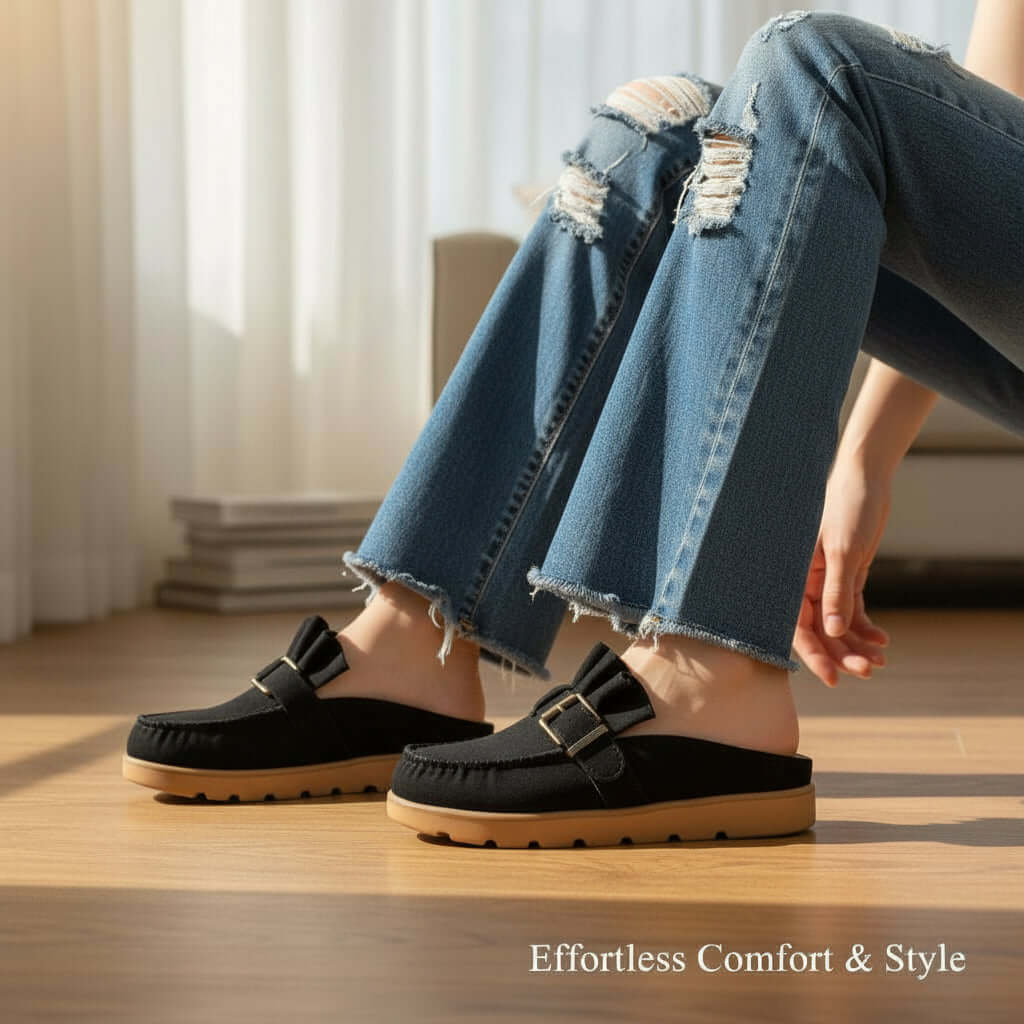 A person wearing LAIDBACK LUXE SLIDES (black) showing chic comfort and effortless style with ripped jeans.