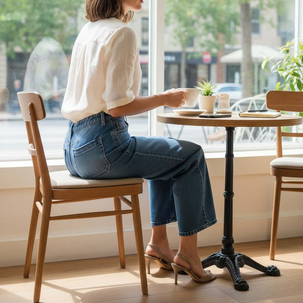 Model wearing ELLA-KATE BARREL JEANS by Risen, sitting at a cafe table, showcasing relaxed fit and stylish patch pockets.