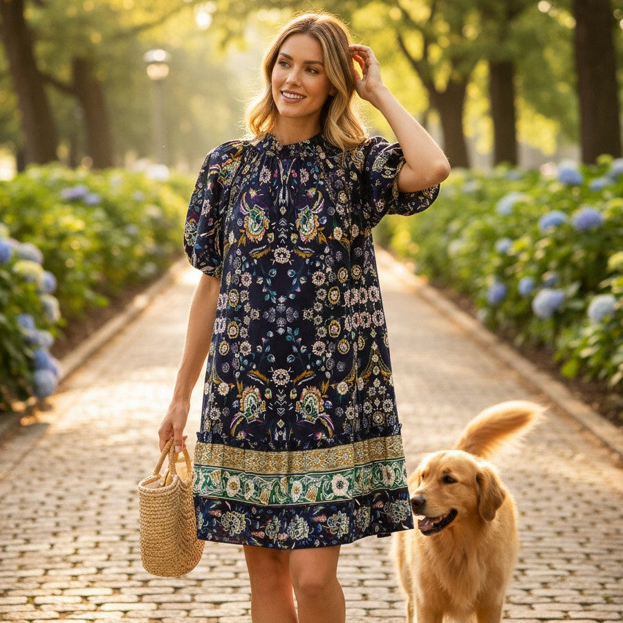 Woman wearing FINALLY MINE - UMGEE black floral mini dress walking with a dog on a sunny pathway.
