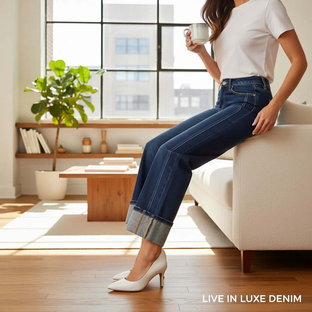CHARLEIGH JEANS by Risen styled with a white top and heels, showcasing the relaxed fit and cuffed design in a bright living space.