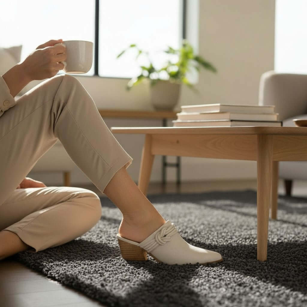 A person relaxing at home wearing HAZEL SLIP-ON MULES while enjoying a cup of coffee.