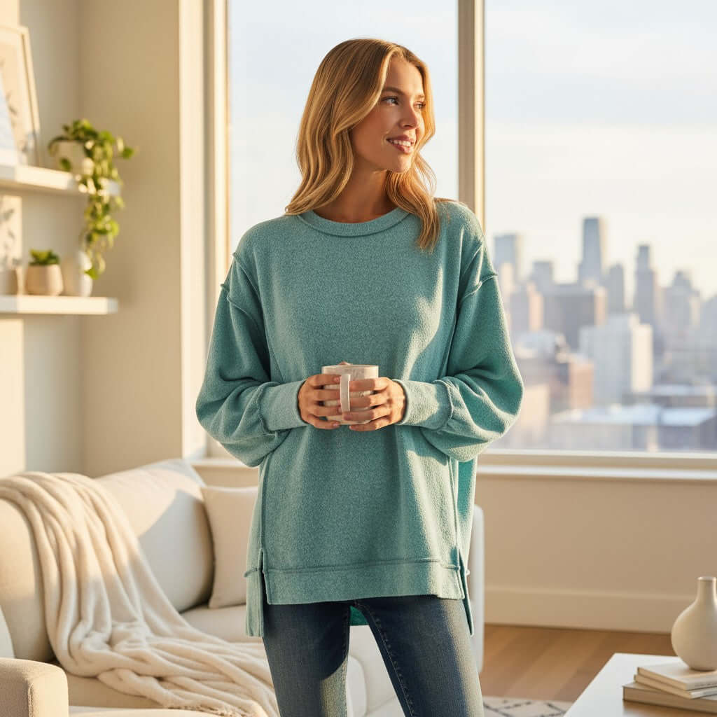 SOFT INTENTIONS Pullover by Zenana (dusty teal) worn by a woman holding a cup in a bright, cozy living room setting.