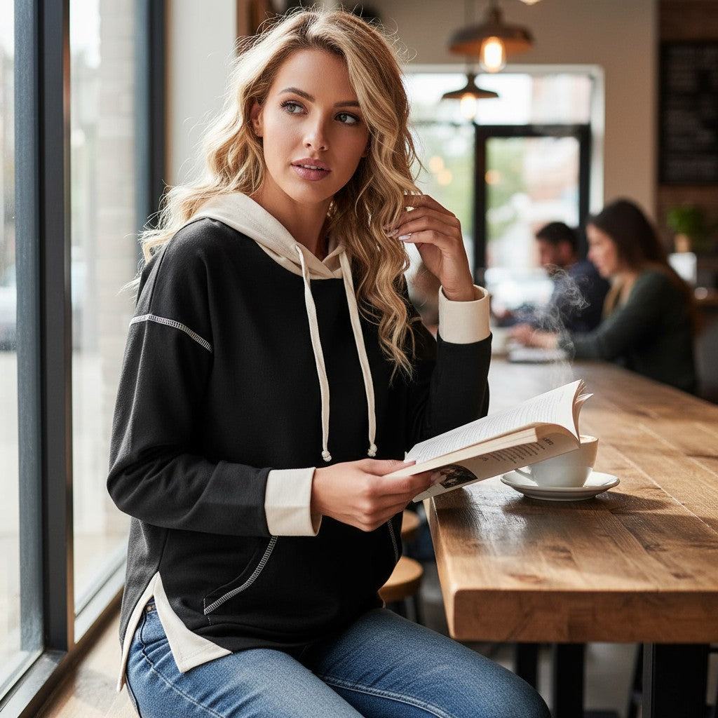 Woman wearing a MODERN EDGE HOODIE, reading a book in a cozy cafe with a stylish atmosphere.