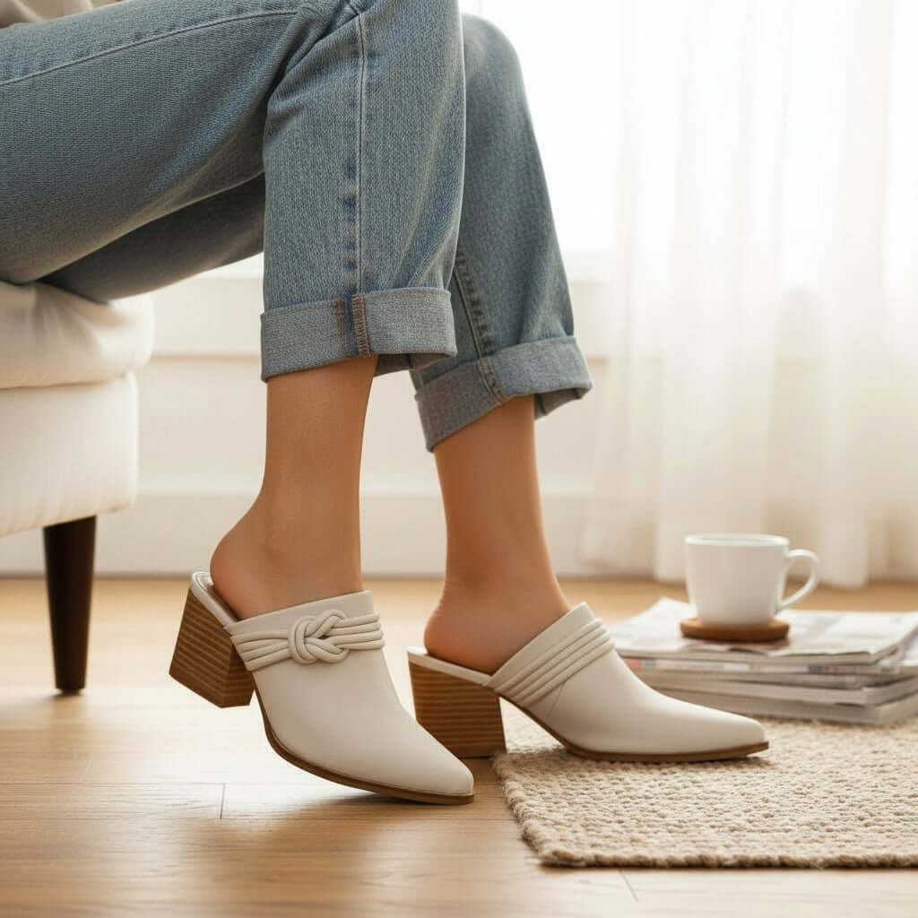 Model wearing HAZEL SLIP-ON MULES with knotted strap design and block heel, styled with casual jeans.
