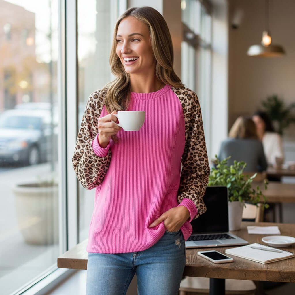 WILD CRUSH TOP - Lovely Melody featuring a model in a hot pink ribbed top with leopard print sleeves holding a coffee.
