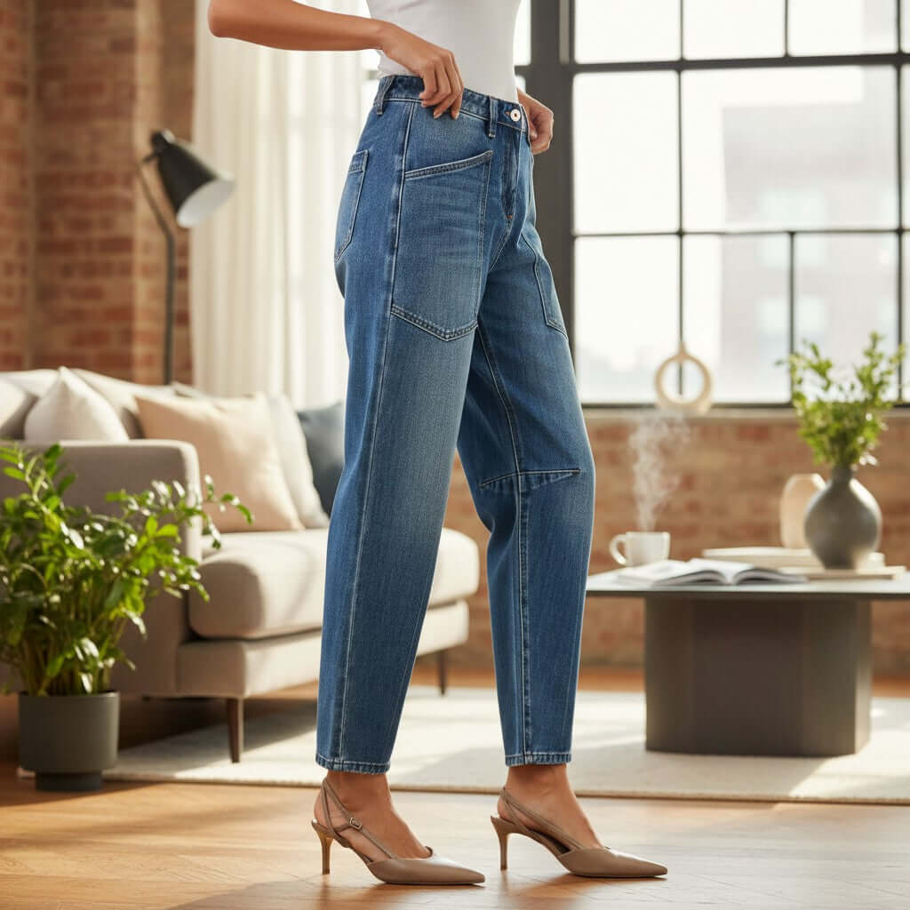 Model showcasing ELLA-KATE BARREL JEANS by Risen, featuring mid-rise fit and wide barrel leg in a stylish living room.