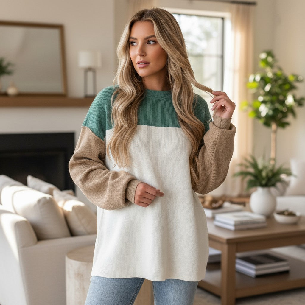 MOUNTAIN AIR SWEATER in marina blue, khaki, and cream color block design, showcasing cozy and stylish oversized silhouette.