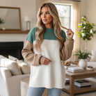 MOUNTAIN AIR SWEATER in marina blue, khaki, and cream color block design, showcasing cozy and stylish oversized silhouette.