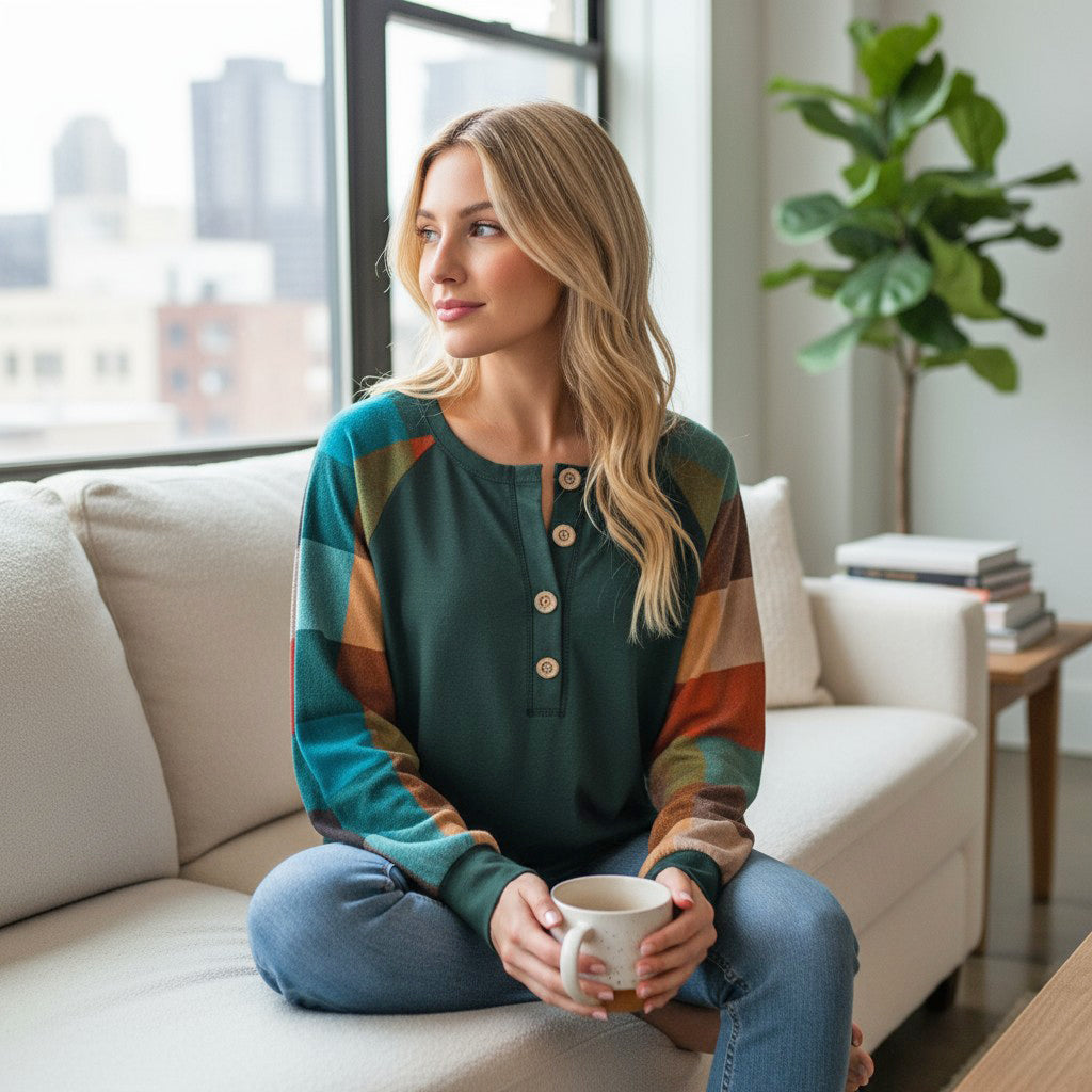 Model wearing HIGHLAND RETREAT TOP, a cozy plaid top, sitting on a couch with a coffee mug.