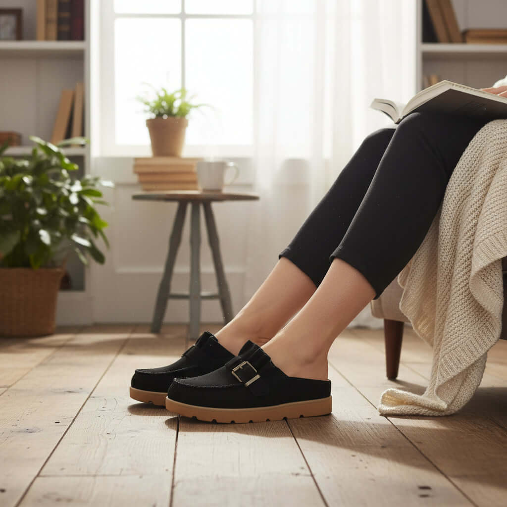 A person relaxing at home wearing LAIDBACK LUXE SLIDES (black) on a cozy wooden floor with indoor plants around.