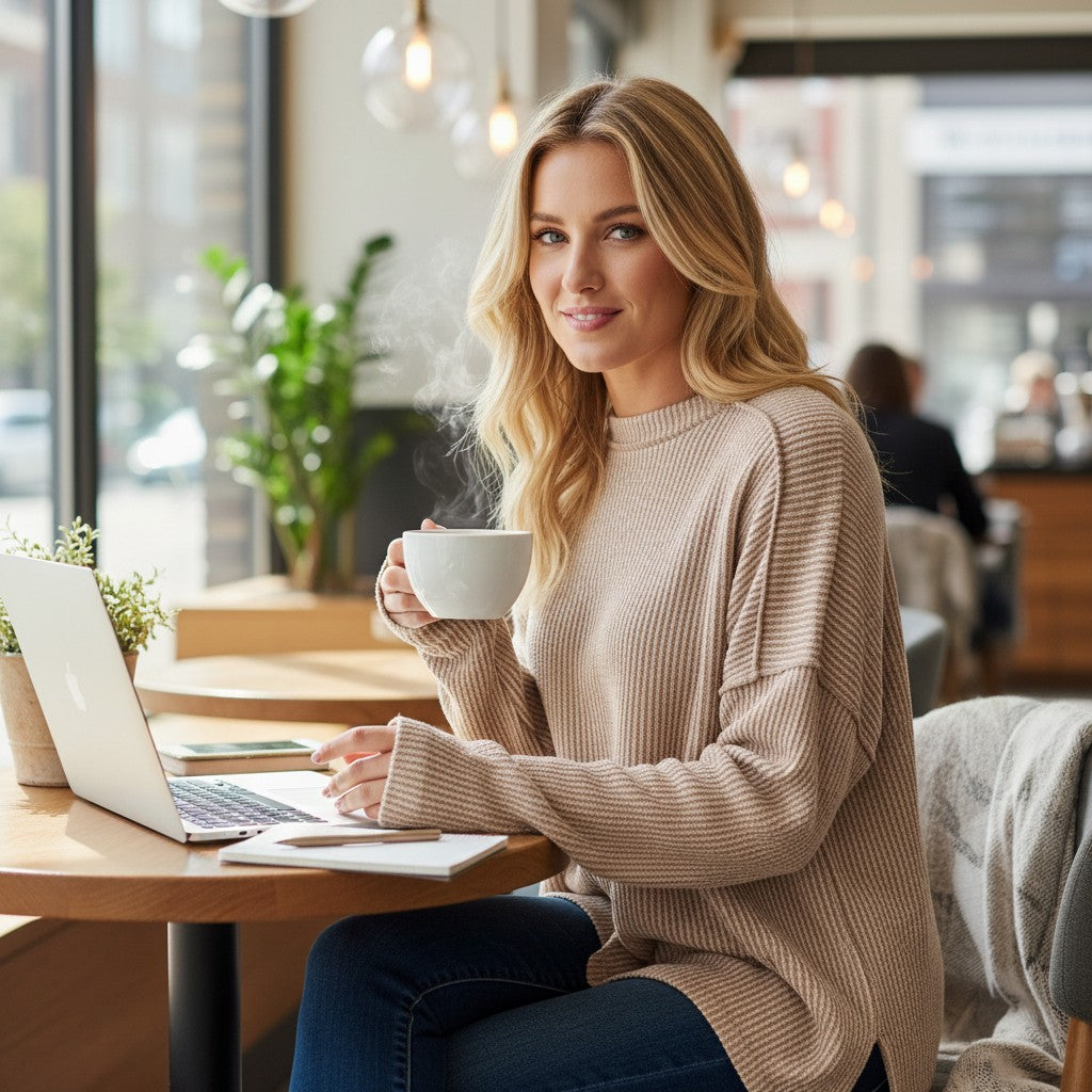 MAIN STREET MOMENTS Top (mocha latte) worn by a woman at a café, enjoying coffee while using a laptop.