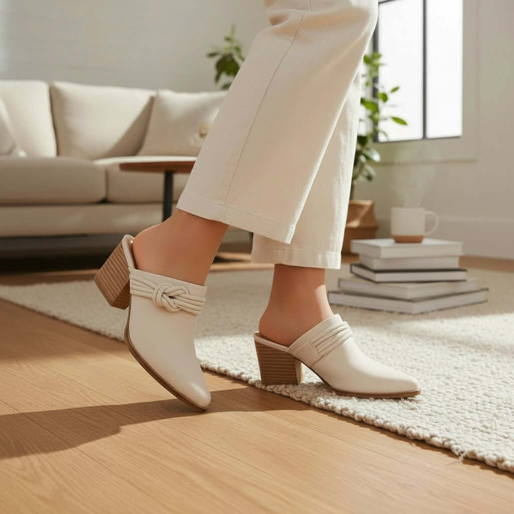 Woman wearing HAZEL SLIP-ON MULES with knotted strap design and stacked block heel in a stylish living room.