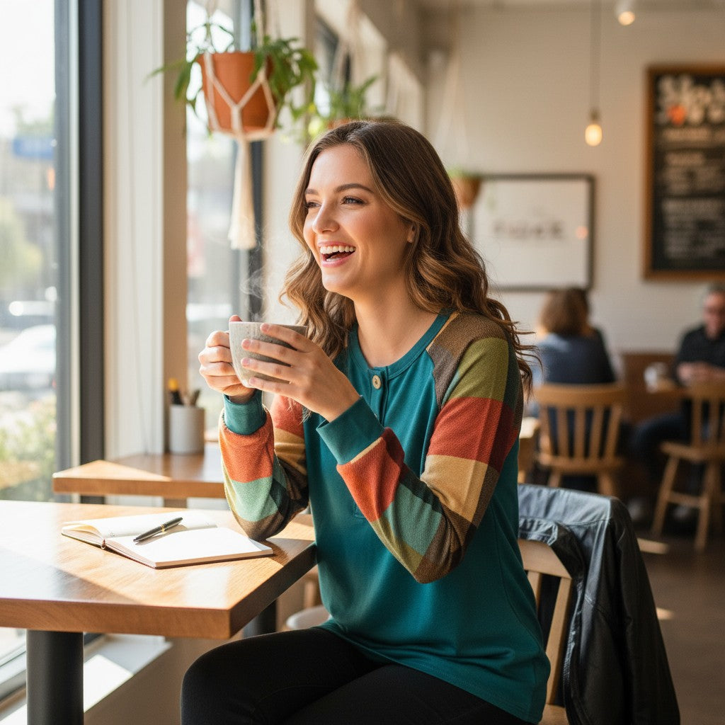 Smiling woman in HIGHLAND RETREAT TOP enjoying coffee at a cafe, embodying cozy charm and style.